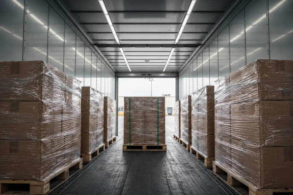 Remorque chargée de palettes prêtes pour un centre de distribution