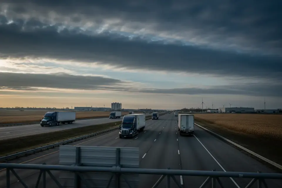 Trucks on a highway near a U.S. distribution center
