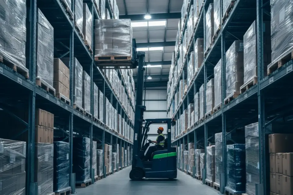 Pallet racking with a reach truck lifting a pallet