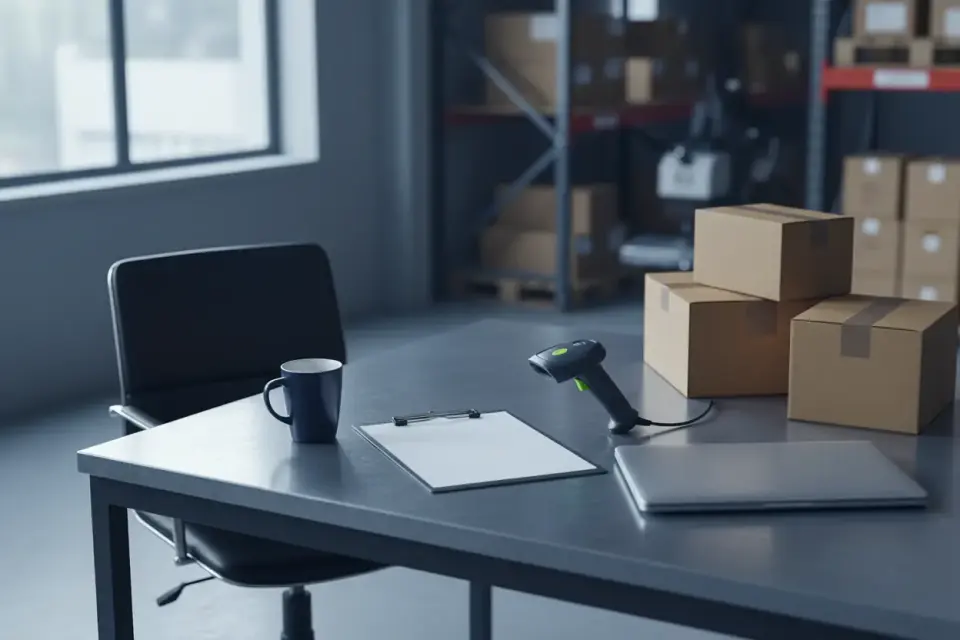 Warehouse office desk with a barcode scanner, a clipboard, a laptop and cardboard boxes in front of storage racks.