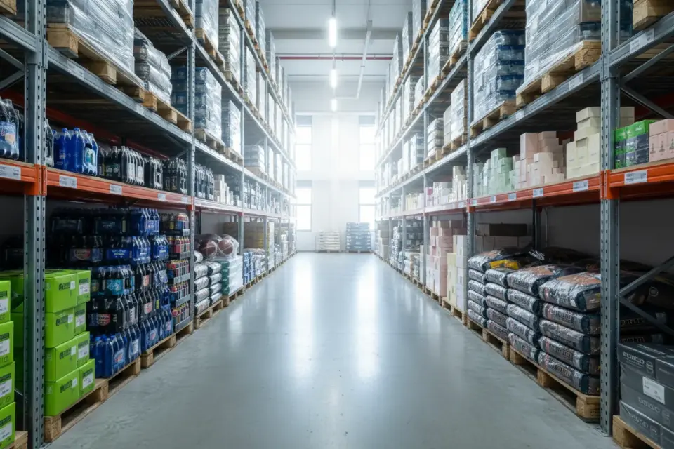Products from different industries stored in a warehouse