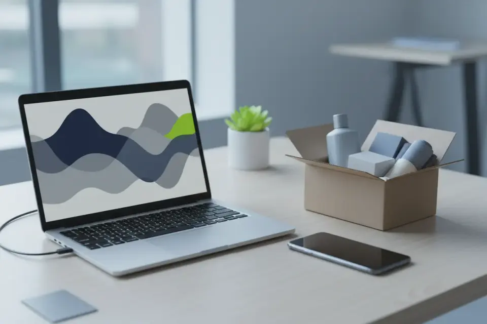 Laptop on a desk next to an open box of skincare products