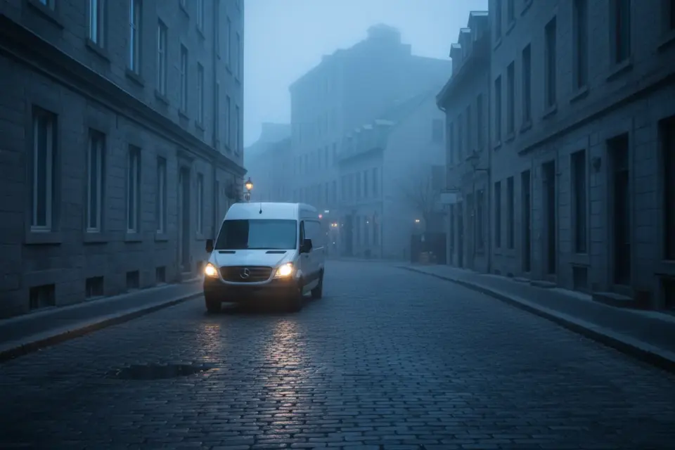 Fourgonnette de livraison dans une rue pavée, au petit matin